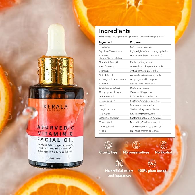 Ayurvedic Vitamin C Face Oil with Rosehip Oil, Bakuchiol, Ashwagandha, and Squalane, Hydrating, Brightening, and Repairing Serum for Dark Spots, Fine Lines, and Wrinkles, Clean Luxury Skincare