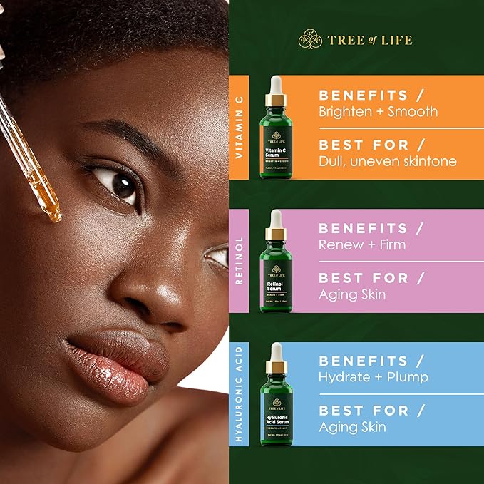 Tree of Life Beauty Facial Skin Care Set, Brightening, Firming & Hydrating Face Serums - Vitamin C, Retinol & Hyaluronic Acid for Smooth Radiant Skin, Dermatologist Tested, 1 Fl Oz (Pack of 3)