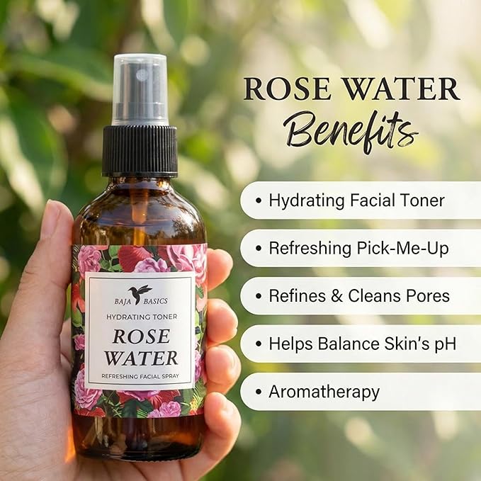 Rose Water Spray for Face by Baja Basics - Pure, Organic Rosewater Facial Toner for Hair and Aromatherapy Large 4 oz