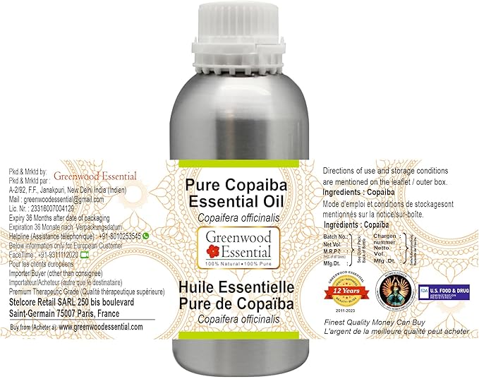 Greenwood Essential Pure Copaiba Essential Oil (Copaifera officinalis) Steam Distilled 630ml (21.3 oz)