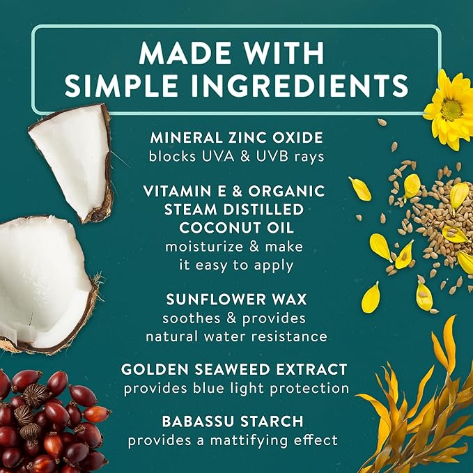 Badger Zinc Oxide Face Sunscreen SPF 30, Lightweight Mineral Sunscreen for Face, Matte Finish, No White Cast, Vegan, Water Resistant, Unscented, Mineral Sunblock Face Lotion, 1.7 fl oz
