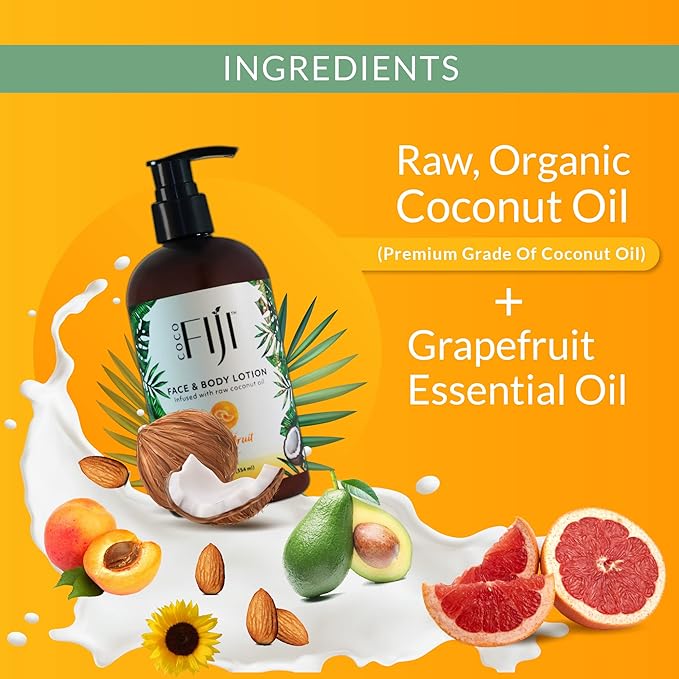 Coco Fiji Face & Body Lotion Infused With Coconut Oil | Lotion for Dry Skin | Moisturizer Face Cream & Massage Lotion for Women & Men |Grapefruit 12 ozPack of 3