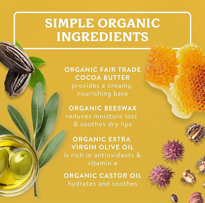 Badger Sweet Orange Cocoa Butter Lip Balm, 100% Organic Lip Balm, Hydrating Long Lasting Lip Moisturizer, Large Stick Lip Care, 4-pack