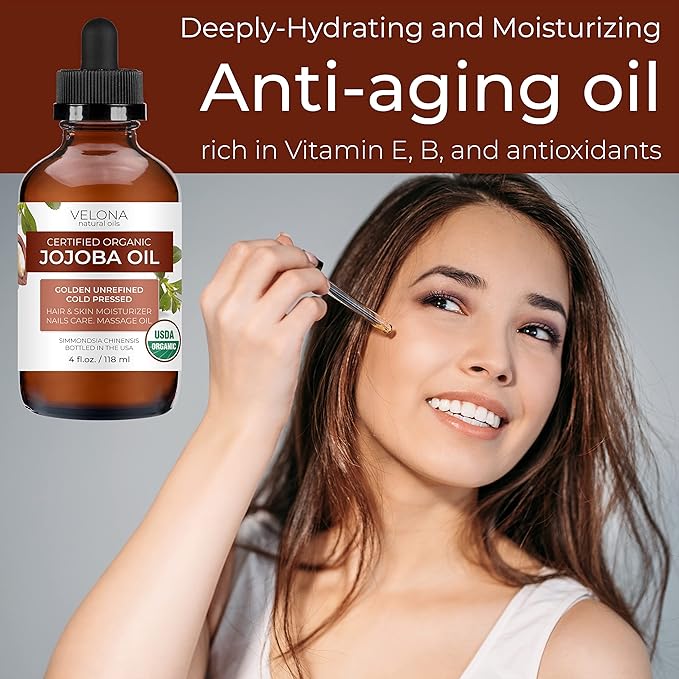 velona Jojoba Oil USDA Certified Organic - 4 fl oz (With Dropper) | Golden, Unrefined, Cold Pressed | Hexane Free