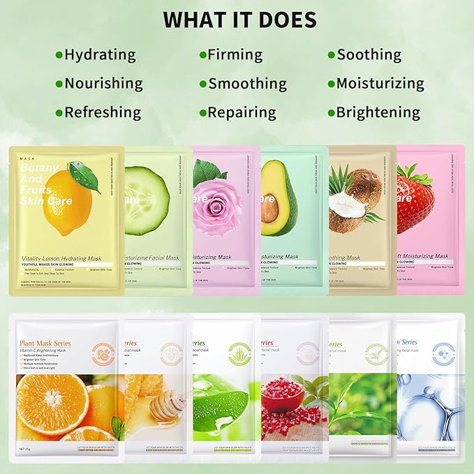 12 Pack Face Masks Skincare Sheet Face Masks for Teens Girls Women, Hydrating Face Mask, Face Mask Set Easter Basket Stuffers for Teens Girls Kids, Pamper Gifts for Women, Perfect for Sleepovers