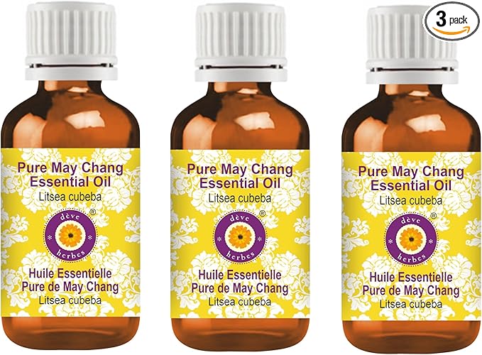 Deve Herbes Pure May Chang Essential Oil (Litsea cubeba) Steam Distilled (Pack of Three) 100ml X 3 (10 oz)