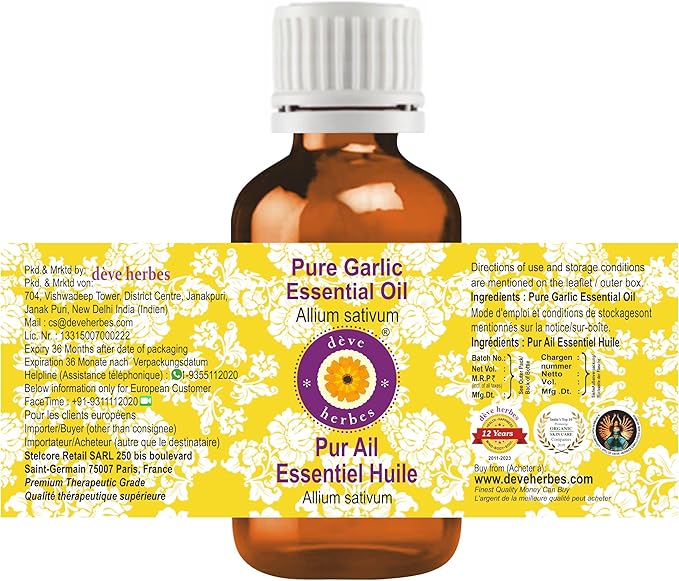 Deve Herbes Pure Garlic Essential Oil (Allium sativum) Steam Distilled 100ml (3.38 oz)