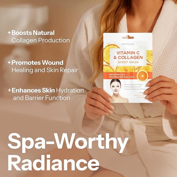 Skin 2.0 Vitamin C & Collagen Sheet Mask - Anti-Aging, Wrinkle & Age Spot Reducer, Hydrating & Moisturizing - Dermatologist Tested Korean Skincare, Clean Beauty, Cruelty-Free, All Skin Types - 5 Masks
