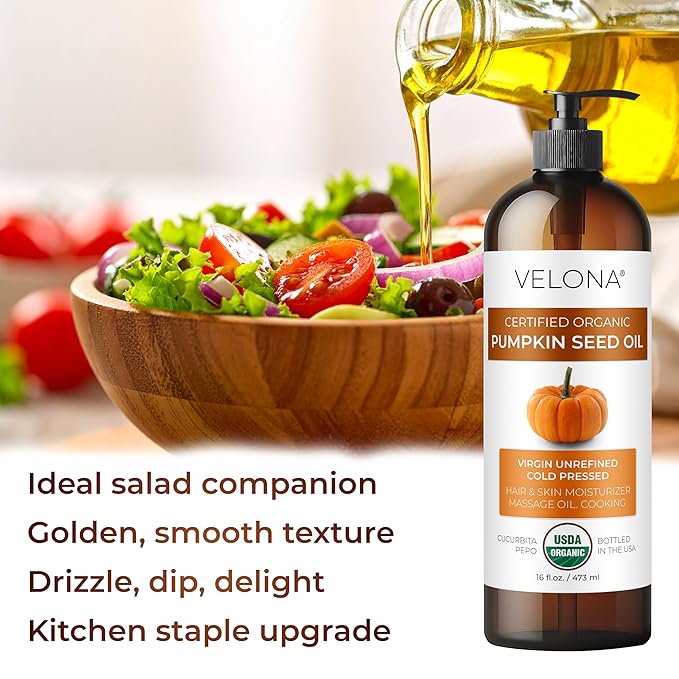 velona Pumpkin Seed Oil USDA Certified Organic - 32 fl oz | 100% Pure and Natural Carrier Oil | Unrefined, Cold Pressed | Cooking, Face, Hair, Body & Skin Care | Use Today - Enjoy Result