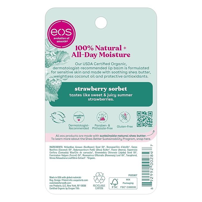 eos 100% Natural & Organic Lip Balm- Strawberry Sorbet, All-Day Moisture, Dermatologist Recommended for Sensitive Skin, Lip Care Products, 0.25 oz (Pack of 2)