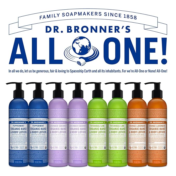 Dr Bronner's 3-in-1 Orange & Lavender Organic Hand and Body Lotion, Made with Organic Oils, Used for Hands, Face and Body, Certified Fair Trade & Vegan Friendly, 236ml Recycled Bottle