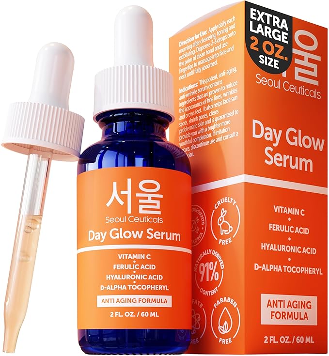 SeoulCeuticals Large 2oz Korean 20% Vitamin C Hyaluronic Acid Serum + CE Ferulic Acid - Potent Anti Aging Vit C, Anti Wrinkle K Beauty Skincare (Pack of 2)