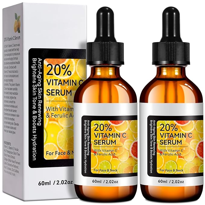 Vitamin C Serum, Pure 12% Super Vit C Serum Vitamin E & Ferulic Acid for Improving Appearance-Dark Spots, Face Moisturizer-Renewing Skin Care,2.02Fl Oz