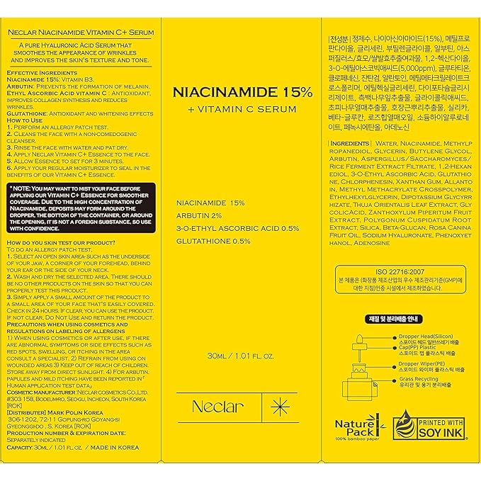 15% Niacinamide Serum for Face - with Vitamin C, Glutathione - Korean Dark Spot Serum for Uneven Tone, Enlarged Pore, Dullness, Ance-Prone, Sensitive Skin - Fragrance-Free, Daily Use