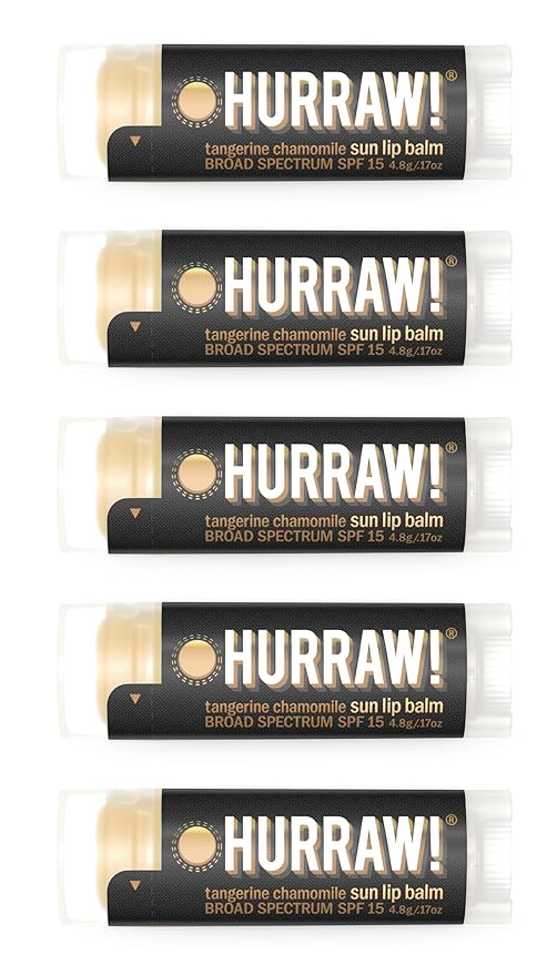 Hurraw! Sun Lip Balm (Zinc Oxide Protection, Broad Spectrum SPF 15, Tangerine, Chamomile), 5 Pack: Organic, Certified Vegan, Gluten Free. Non-GMO, All-Natural. Bee, Shea, Soy & Palm Free. Made in USA