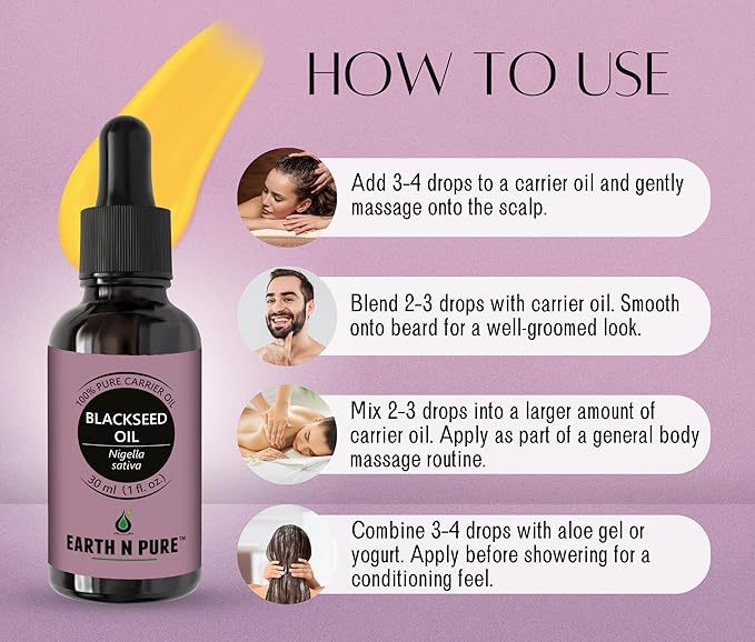 Earth N Pure Blackseed Oil (Kalonji Oil) Cold Pressed, Natural and Therapeutic Grade for Hair 15 ml