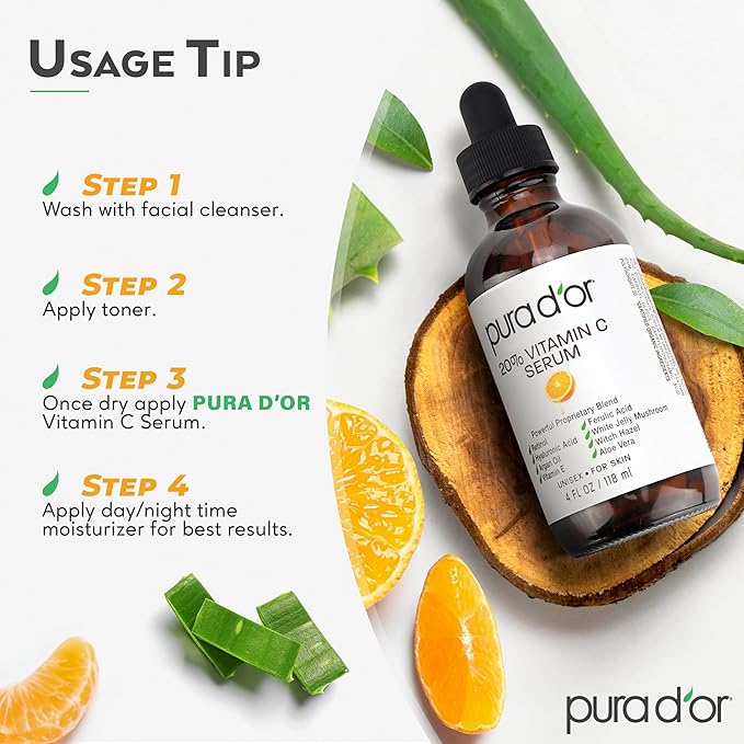 PURA D'OR 20% Vitamin C Facial Serum 4 Oz Antioxidant Blend w/Retinol, Hyaluronic Acid, Vitamin E, Ferulic Acid - Hydrating Lightweight Skincare Formula - Men Women Daily Use After Bath Oil Skin Care