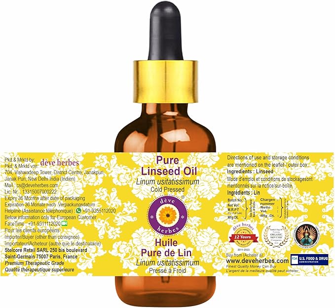 Deve Herbes Linseed Oil (Linum usitatissimum) with Glass Dropper | Cold Pressed | Pure | Natural | For Diluting Essential oils | For Skin & Massage | Non-Sticky| Lightweight| Unisex | 15ml (0.50 oz)