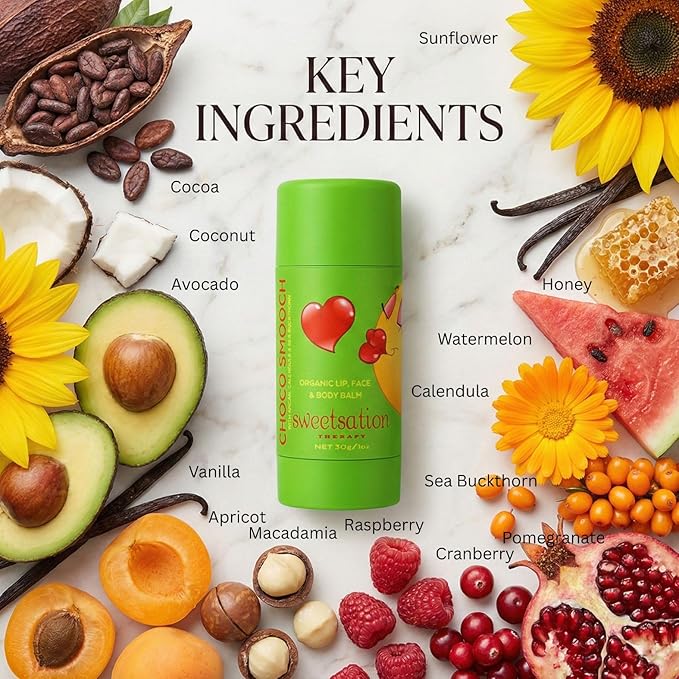 ChocoSmooch Organic Lip, Face & Body Balm, for Dry Cracked Irritated Skin with Argan, Calendula, Avocado & Sea Buckthorn, 1oz Jumbo.