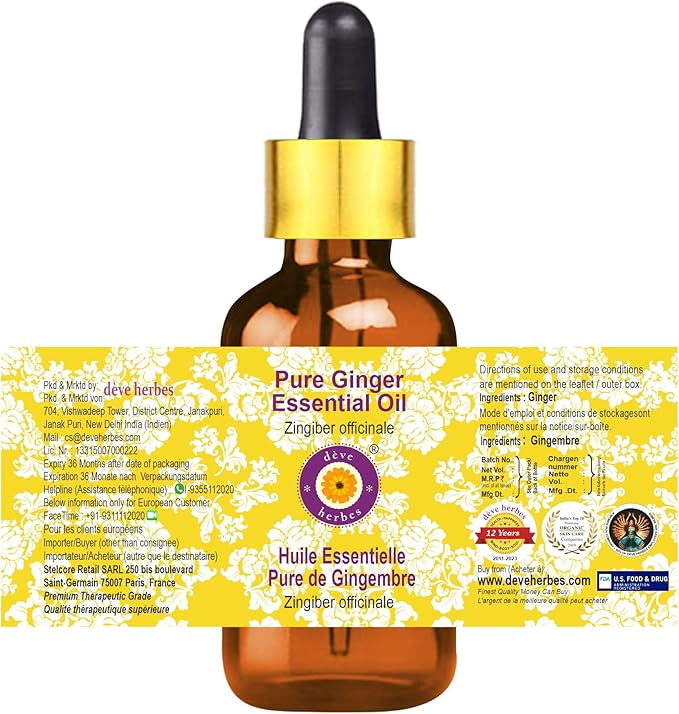 Deve Herbes Pure Ginger Essential Oil (Zingiber officinale) with Glass Dropper Steam Distilled 30ml (1 oz)