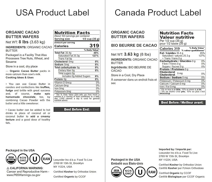 Food to Live Organic Cacao Butter Wafers, 8 Pounds - Non-GMO, Vegan, Food-Grade Cocoa Butter, Bulk, Ideal for Cooking, Baking, and Homemade Chocolate