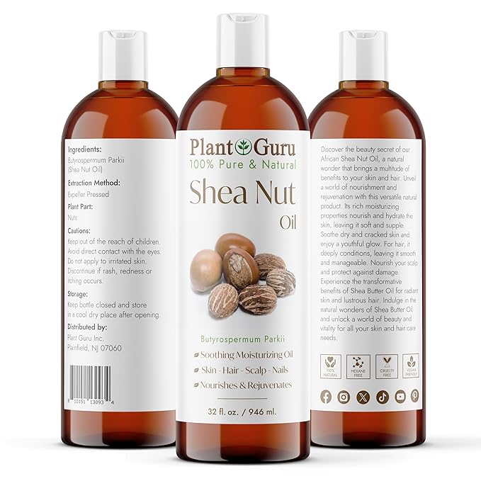 Plant Guru African Shea Nut Butter Oil 32 fl. oz. 100% Pure Natural Skin, Face, Hair Growth And Moisturizer. DIY Body Butters, Lotions, Creams, Lip Balm And Soap Making.
