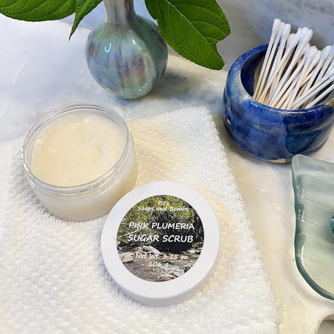 PJ’s Coconut & Almond Bliss Sugar Scrub – Pink Plumeria Scent, Gentle Exfoliating & Nourishing Body Polish, Cruelty-Free, Small Batch, 3.75 oz