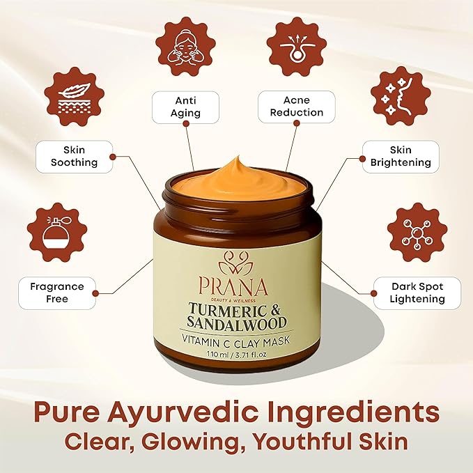 PRANA Sandalwood & Turmeric Face Mask - Natural Cleansing Facial Mask with Ayurvedic Ingredients - Bentonite & Kaolin Clay Mask - Brightening, Hydrating (3.71 Fl Oz (Pack of 2))