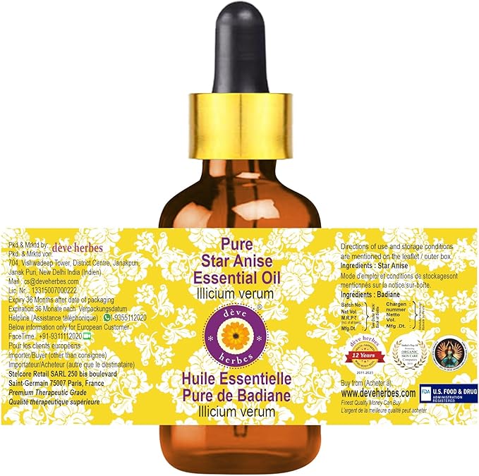 Deve Herbes Pure Star Anise Essential Oil (lllicium verum) with Glass Dropper Steam Distilled 15ml (0.50 oz)