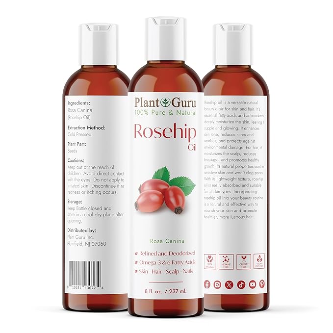 Plant Guru Rosehip Oil Refined 8 fl. oz. – Cold Pressed, 100% Pure & Natural Carrier for Skin, Face, Body, and Hair Moisturizing. Great for DIY Creams, Lotions, and Lip Balms