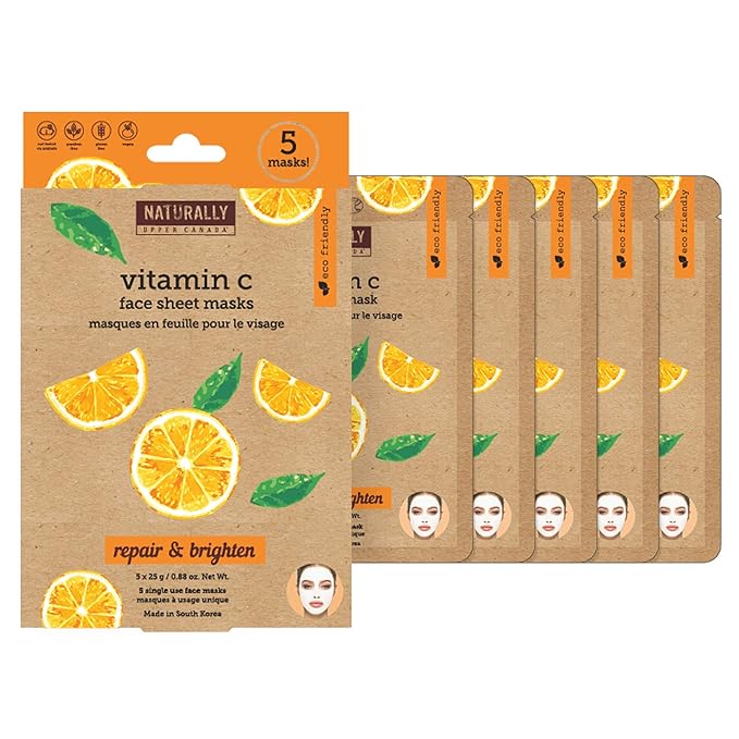 Naturally - Brightening Vitamin C Infused Sheet Masks – Improve Skin Texture & reduce wrinkles, Brightening Face Mask Set, 5 Sheet Masks Included