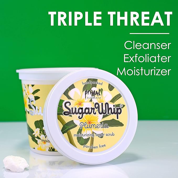 Primal Elements Sugar Scrub, Exfoliating Sugar Whip, Face and Body Cleanser, Moisturizer, Plumeria, 10 oz Package