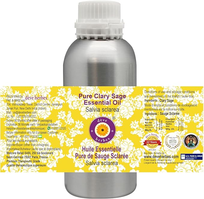 Deve Herbes Pure Clary Sage Essential Oil (Salvia sclarea) Steam Distilled 300ml (10 oz)