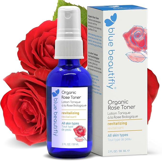 Blue Beautifly USDA Certified Organic Rose Water Spray for Face - Instant Hydration Face Mist for All Skin Types - Facial Spray Calms The Mind and Uplifts The Mood All Day - Great for Hair - 2 fl oz