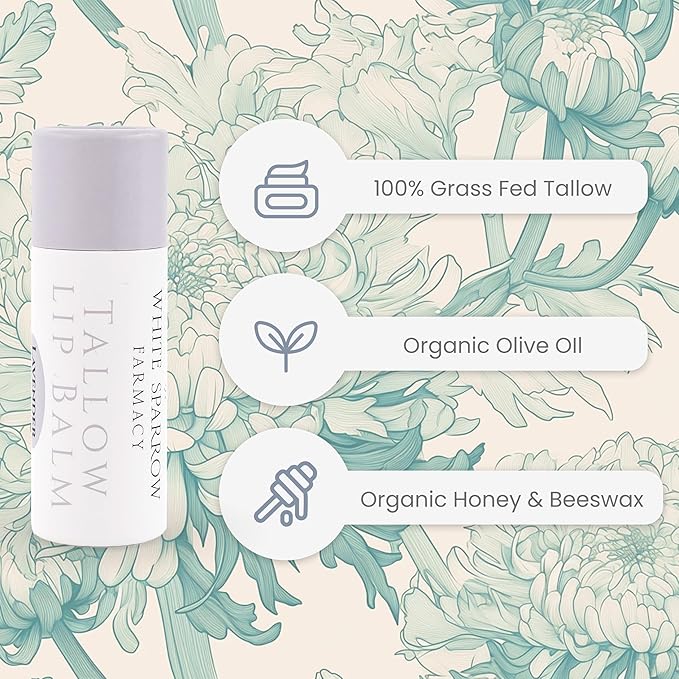 Organic Tallow Lip Balm (Lavender & Honey) from Grass Fed Cows. Super hydrating with Tallow, Olive Oil, Honey, and Beeswax. Sustainable Cardboard Tubes & Hand Filled. Jumbo Size 0.5 oz.