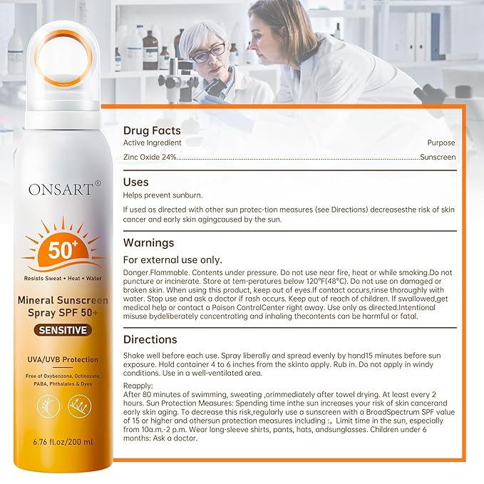Mineral Sunscreen Spray SPF 50+ with Zinc Oxide, Reef Safe, Broad Spectrum UVA/UVB Protection for Face & Body, Water Resistant 80 Min, Non-Greasy 360° Ring Spray, 6.76 fl oz