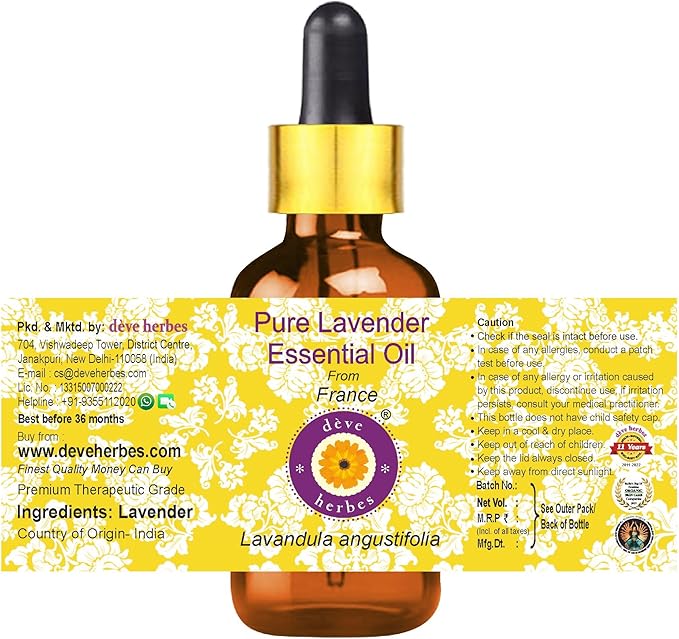 Deve Herbes Pure Lavender Essential Oil (Lavandula angustifolia) (Made in France) with Glass Dropper Steam Distilled (Pack of Three) 100ml X 3 (10 oz)