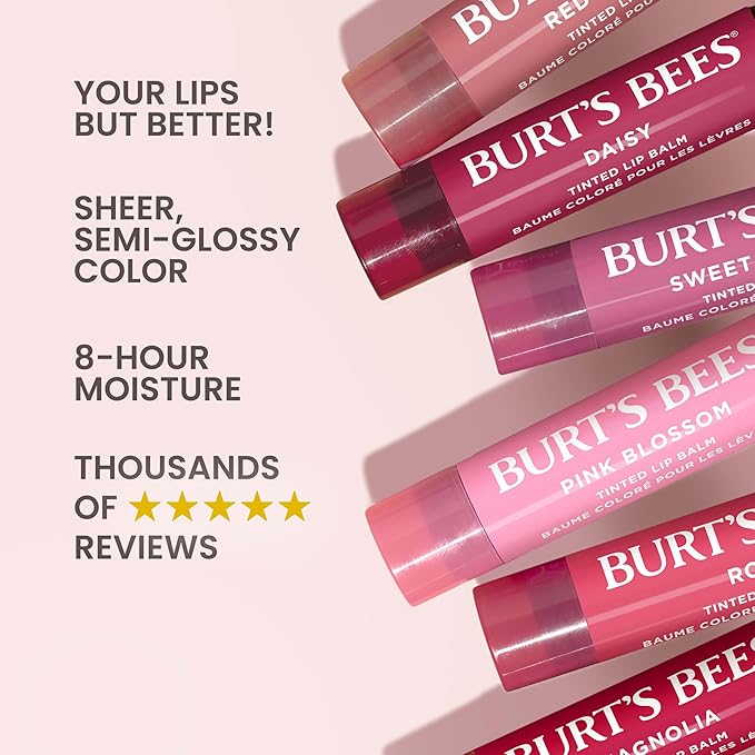 Burt's Bees Lip Tint Balm, Long Lasting 2 in 1 Duo Tinted Balm Formula, Color Infused with Hydrating Shea Butter for a Natural Looking Buildable Finish, Red Dahlia, 1 Tube