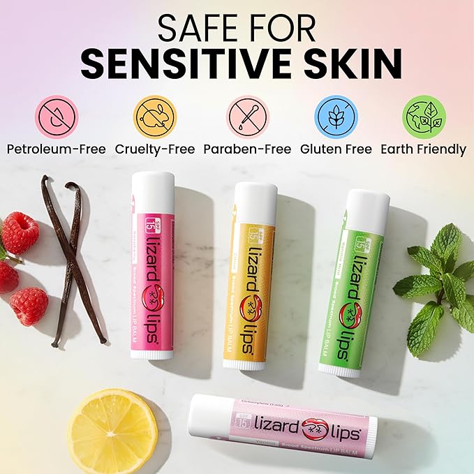 LizardLips Lip Balm SPF 15; Variety Pack of 4 Vanilla, Vanilla Mint, Raspberry, Citrus, Natural Hydrating Moisturizing Lip Sunscreen, Fun Quirky Beach Vacation Essentials