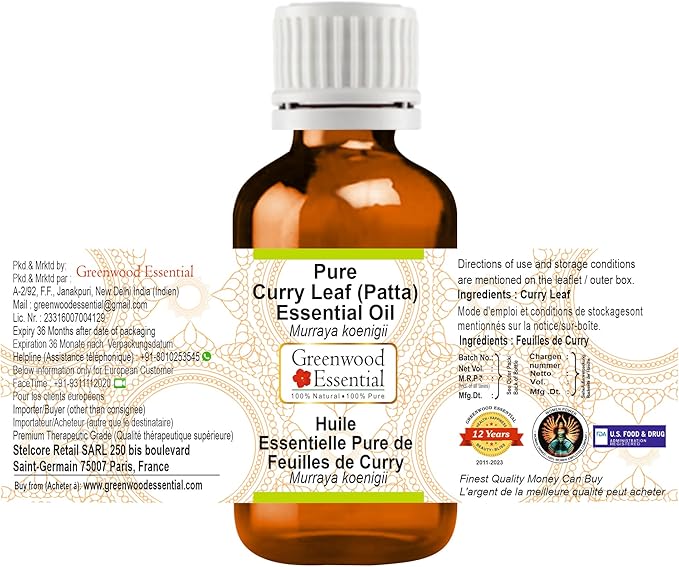 Greenwood Essential Curry Leaf (Patta) Essential Oil (Murraya koenigii) Pure | Non-Sticky | Non-Greasy | Lightweight | Men & Women | All Skin Types | Steam Distilled 10ml (0.33 oz)