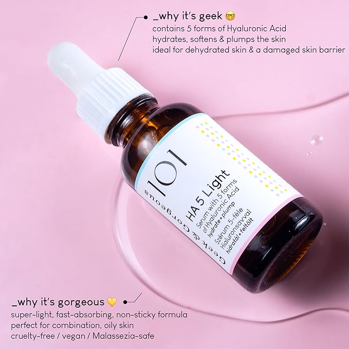 Geek & Gorgeous – HA 5 Light – Hydrating Serum with 5 Forms of Hyaluronic Acid – Lightweight, Fast-Absorbing Formula for Softer-Looking Skin – Ideal for Combination & Oily Skin – 1 oz