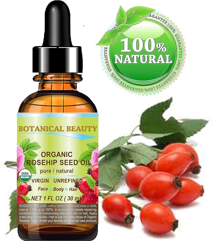Botanical Beauty Organic ROSEHIP SEED OIL 100% Pure Natural Virgin Unrefined Cold-pressed Carrier Oil For Face, Skin, Body, Hair, Lip, Nails, Rich in vitamin C, Vitamin E, Anti-Aging (1 Fl Oz)