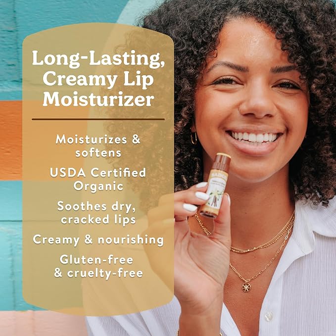 Badger Vanilla Bean Cocoa Butter Lip Balm, Long Lasting Hydrating Lip Care, 100% Organic Lip Balm, Large Size Stick, 4-pack
