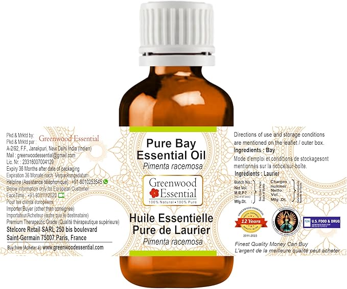 Greenwood Essential Pure Bay Essential Oil (Pimenta racemosa) Steam Distilled (Pack of Three) 100ml X 3 (10 oz)