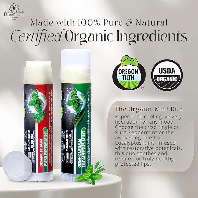 Organic Lip Balm Chapstick Bulk 4 Pack – Peppermint & Eucalyptus Mint – Natural Beeswax Lip Balm – Moisturizer for Very Dry, Chapped Lips