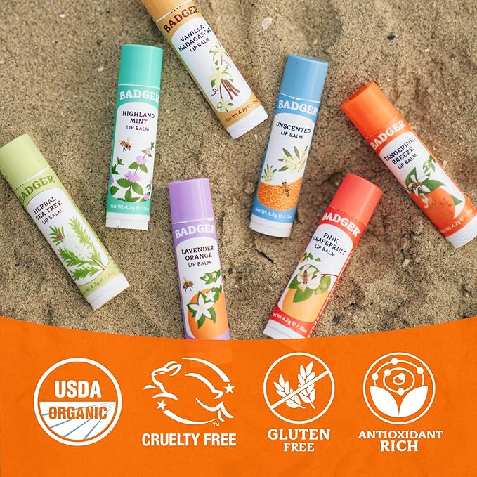 Badger Tangerine Breeze Classic Lip Balm, 100% Organic Lip Balm, Long Lasting Lip Care w/Light Silky Texture, Bright & Cheerful Lip Balm for Kids & Adults, 4 Pack