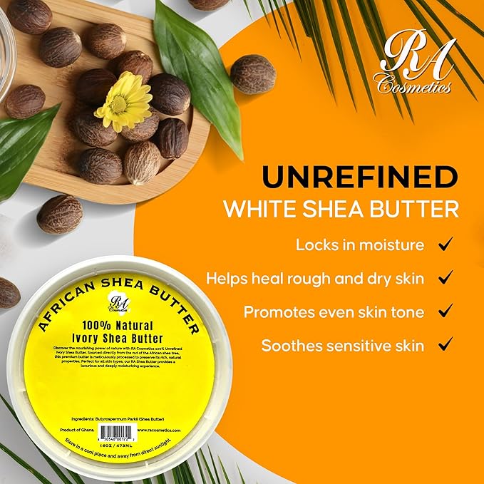 RA COSMETICS 100% Pure Shea Butter, Ivory – 16oz | Raw Unrefined African Shea Butter from Ghana | Ultra-rich Moisturizer for Dry Skin | Whipped Texture | Ideal for DIY Skincare & Haircare Routines
