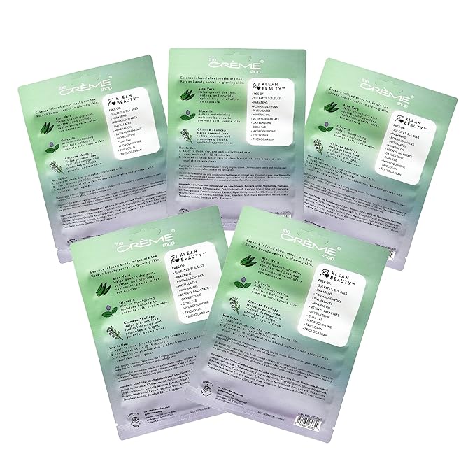 The Crème Shop Klean Beauty Aloe Vera Essence Sheet Mask - Ultra-Hydrating Face Mask Formulated with Aloe Vera, Glycerin & Chinese Skullcap for Hydrated, Calm Skin (Pack of 5)