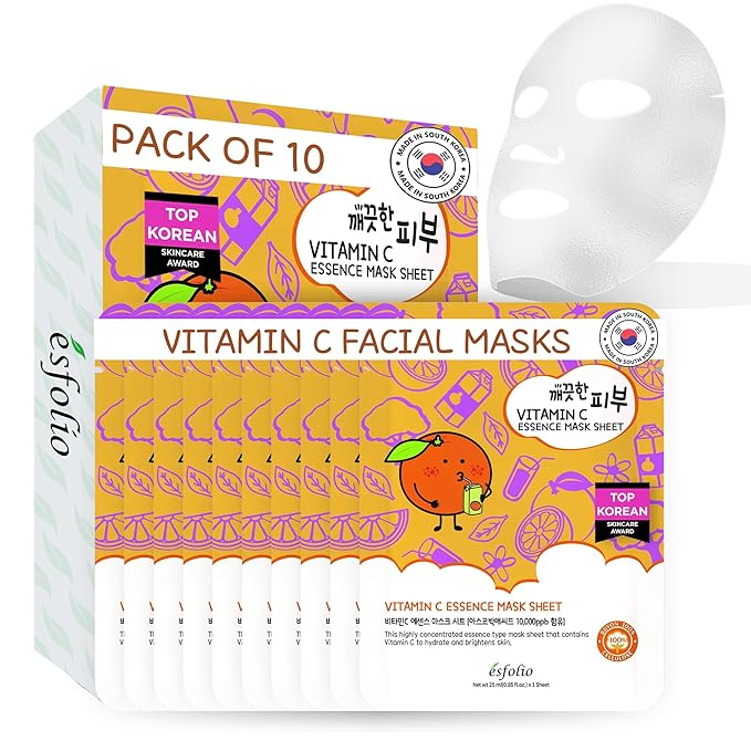 esfolio Vitamin C Essence Mask Sheet – Hydrating Face Mask, Antioxidant-Rich Korean Skincare for Radiant & Glowing Skin, Deep Moisturizing Sheet Mask for All Skin Types (Pack of 10)