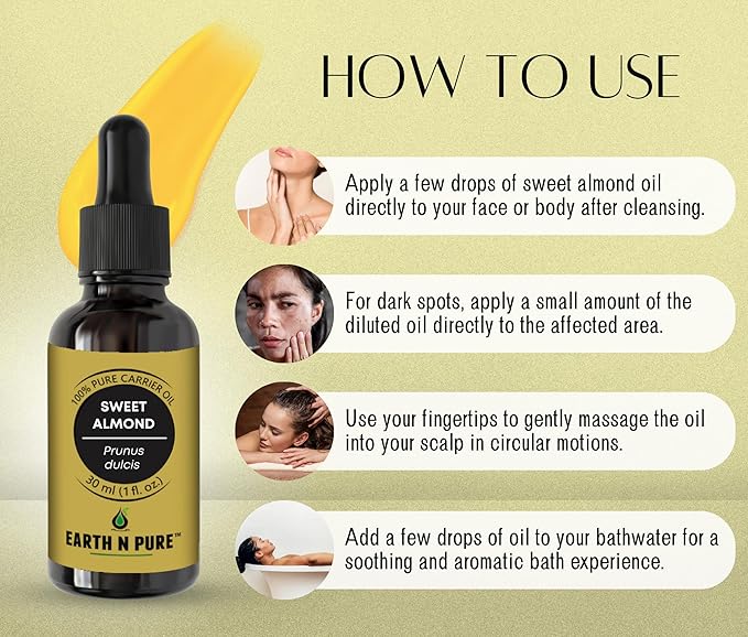 Earth N Pure Sweet Almond Oil (Badam Oil) Cold Pressed, Therapeutic Grade for Body, Skin, Hair 50 ml